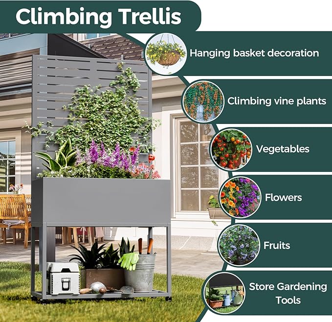 Metal Planter Box Multi-Functional &amp Easy to Assemble 67 H x 35 W Raised Garden Bed for Climbing Plants Elevated Standing Garden Planter with Drainage Holes for Outdoor Patio Grey
