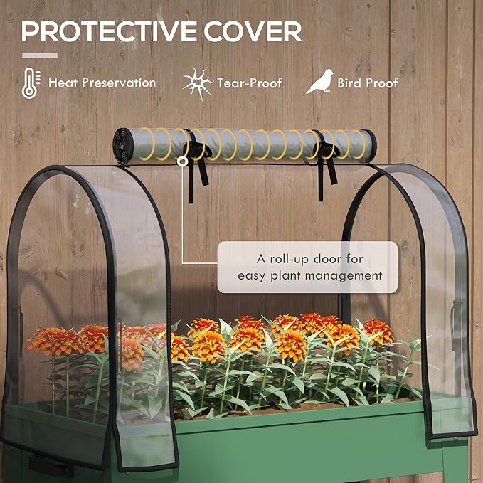 Outsunny Raised Garden Bed with Greenhouse Cover Large Metal Outdoor Elevated Planter Box with Lockable Wheels Storage Shelf and Drainage Hole for Vegetables Flowers Herbs Green