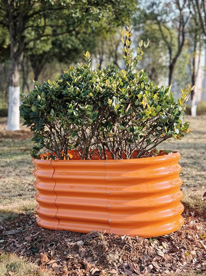 A ANLEOLIFE Kids Mini Raised Garden Beds Outdoor (3-Pack)-40x24x18in Oval Round Galvanized Metal Planter Box for Planting Vegetables Flowers Fruits Eco-Safe &amp Easy Setup Peach Orange