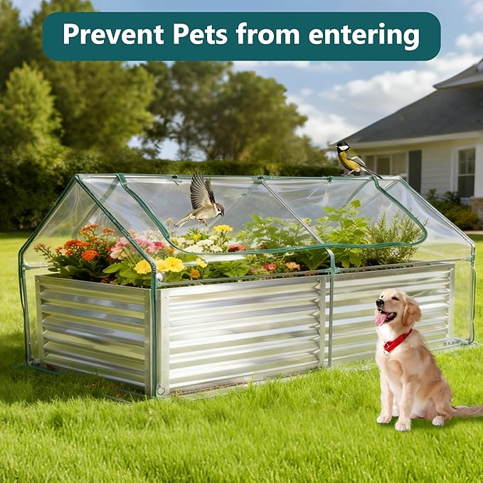 DUMOS Galvanized Raised Garden Bed with Cover 6x3x2ft Planter Box Outdoor for Deep-Rooted Herbs/Flowers/Vegetables Large Metal Garden Bed Mini Greenhouse for Patio Balcony and Backyard Silver