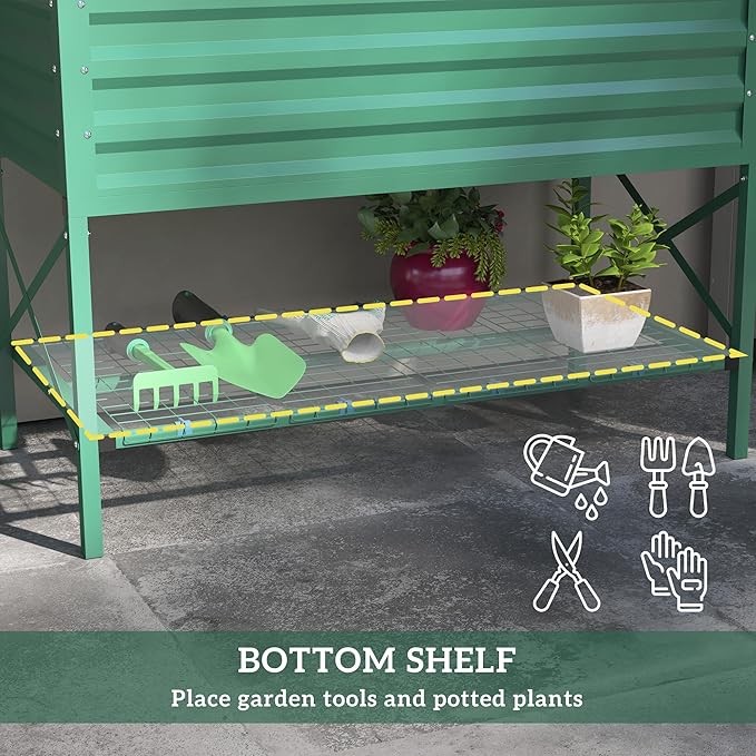 Outsunny Raised Garden Bed with Galvanized Steel Frame Storage Shelf and Bed Liner Elevated Planter Box with Legs for Vegetables Flowers Herbs Green