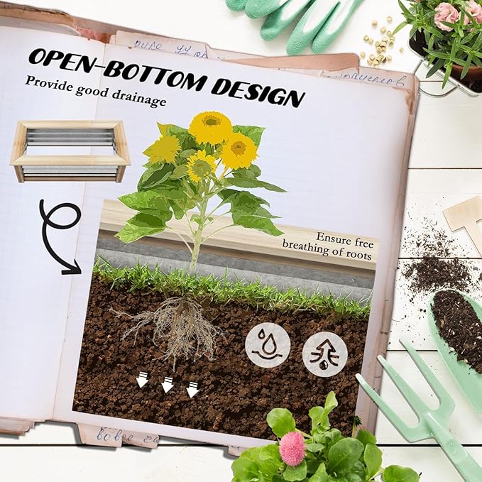 Raised Garden Bed Kit - Reinforced Metal &amp Wood Planter for Flowers Herbs &amp Vegetables