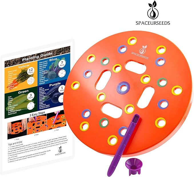 Round Seed Planting Template – Patented Color-Coded Garden Spacing Tool Kit with Seed &amp Seedling Spacer Dibber with Seed Spoon &amp Laminated Vegetable Growing Guide