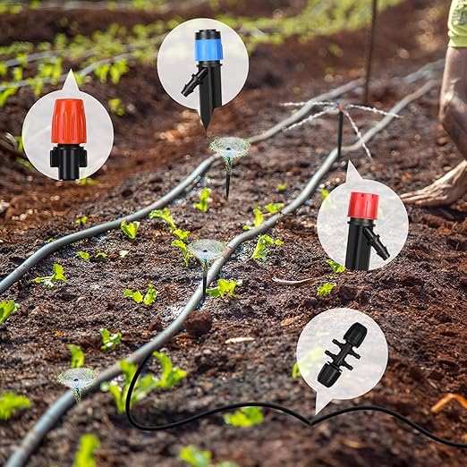 Frienda 590 ft Drip Irrigation System Kit Misting Plant Watering System with 1/4 inch 0.12 inch Irrigation Tubing Hose Adjustable Nozzle Emitters Barbed Fittings for Garden Yard Lawn