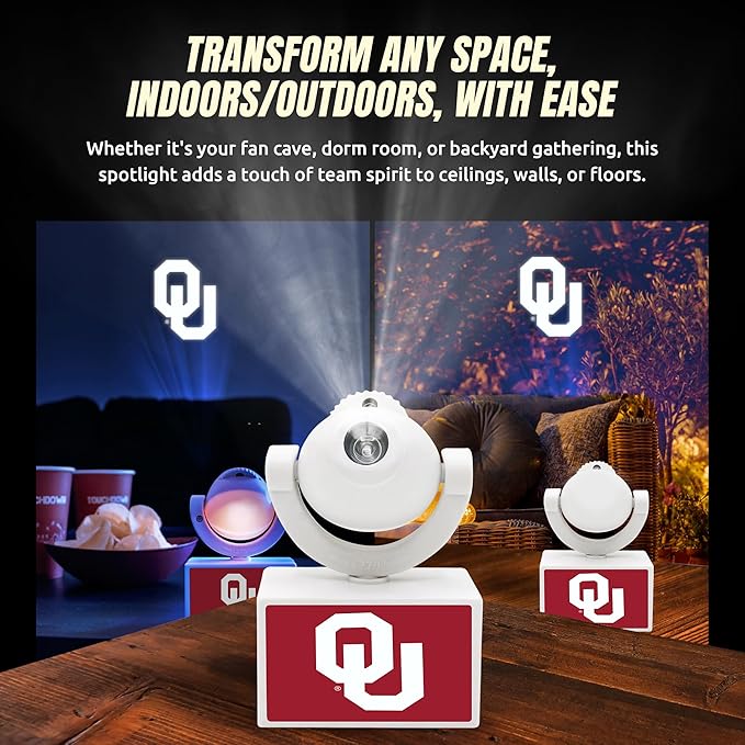 Sporticulture NCAA American Football Oklahoma Sooners - Adjustable Led Mini Spotlight Projector with 6 Team Logo Designs - Portable &amp Rechargeable Spotlight - Battery-Operated - 4.375” x 3.125”
