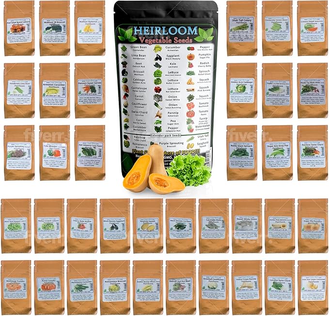 Heirloom Fruit and Vegetable Seeds - 38 Varieties Over 8000 Non-GMO Non-Hybrid Chemical-Free Seeds for Survival Garden Seed Bank
