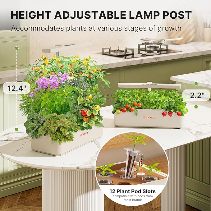 SUNCOZE Hydroponics Growing System Kit 12 Pods 24W LED Grow Light Indoor Garden 4L Water Tank with Quiet Pump Adjustable Height Herb Garden Planter Indoor Kit Gardening Gifts Beige
