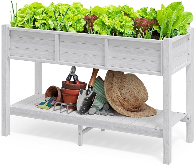 DWVO 48x18x30in Raised Garden Bed HDPE Poly Wood Planter Box StandWeather-Resistant Planter Box with Legs &amp Storage Shelf Elevated Garden Bed for Backyard Patio Balcony White
