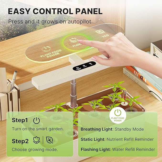 SUNCOZE Hydroponics Growing System Kit 12 Pods 24W LED Grow Light Indoor Garden 4L Water Tank with Quiet Pump Adjustable Height Herb Garden Planter Indoor Kit Gardening Gifts Beige
