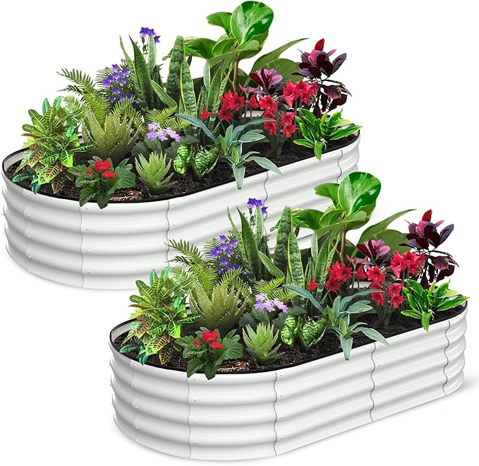 2 Pcs 6x3x1ft Oval Raised Garden Bed Galvanized Raised BedsOpen-Ended Base Metal Raised Planter BedsGarden Bed OutdoorPlanter Raised Boxes for Vegetables FlowersTool-Free AsseWhite