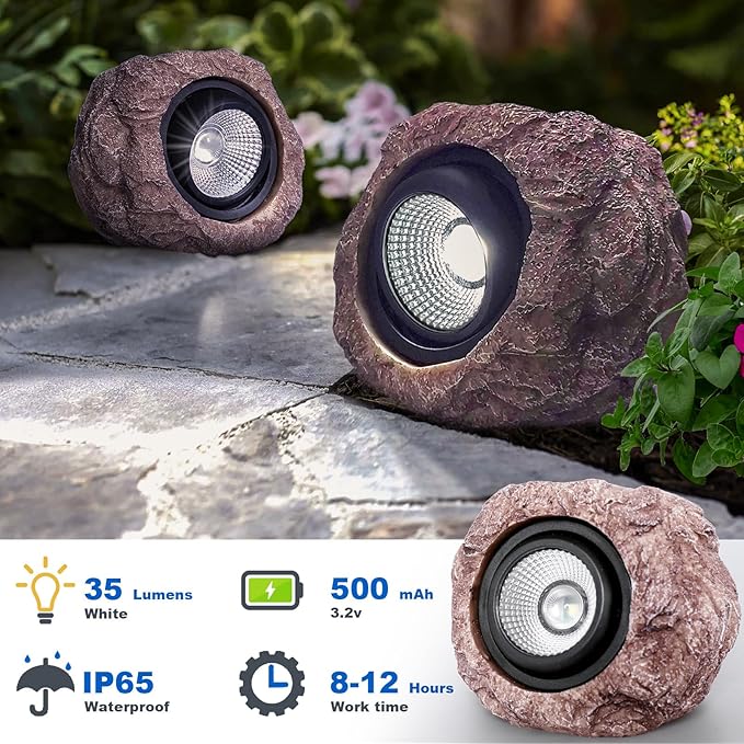 Solar Rock Lights - 6 Pack Waterproof LED Simulated Rock Statue Light for Paths Sidewalks Patio and Landscaping Outdoor Pond Decorative Lighting Garden Plant Spotlights