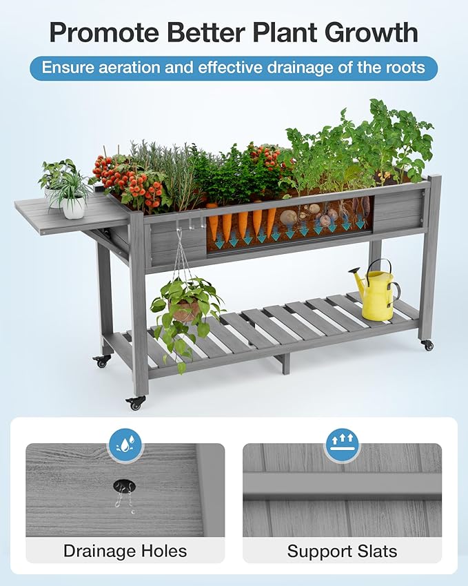 YEFU Raised Garden Bed with Legs: 57x18x30in Elevated Poly Planter with WheelsWaterproof Mobile Raised Bed Garden Elevated Planter Box Stand with Storage Shelffor DeckPatioPorchYard (Grey2pcs)