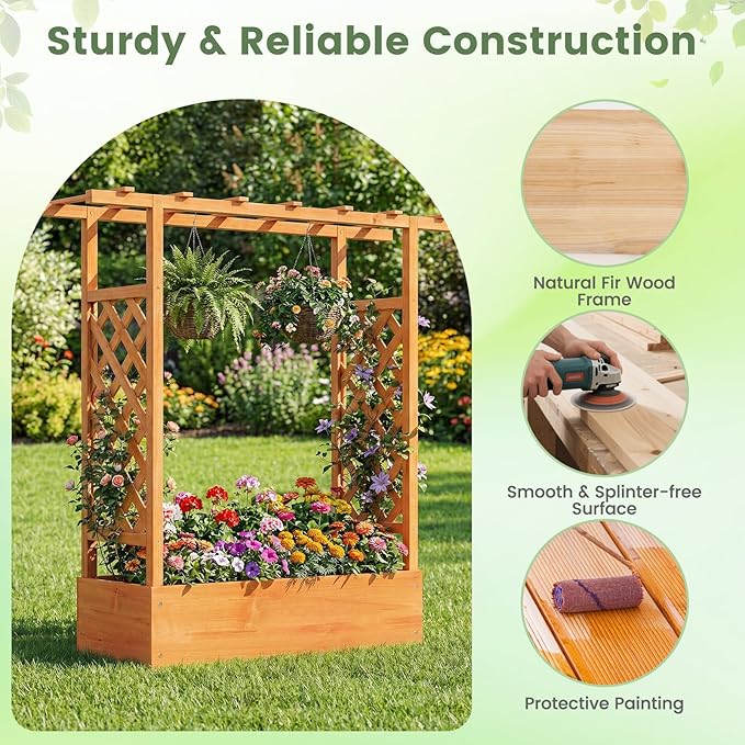 Raised Garden Bed with Trellis Wood Planter Box w/Trellis Hanging Roof Drainage Holes Freestanding Planter Raised Bed for Outdoor Climbing Plants Flowers Patio Yard Balcony (2 Orange)