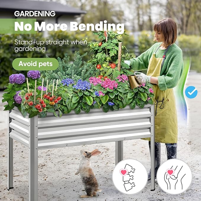 KING BIRD Large Raised Garden Bed with Legs Galvanized Elevated Planter Box 48×24×32 in for Backyard Patio Balcony 400lb Capacity Silver