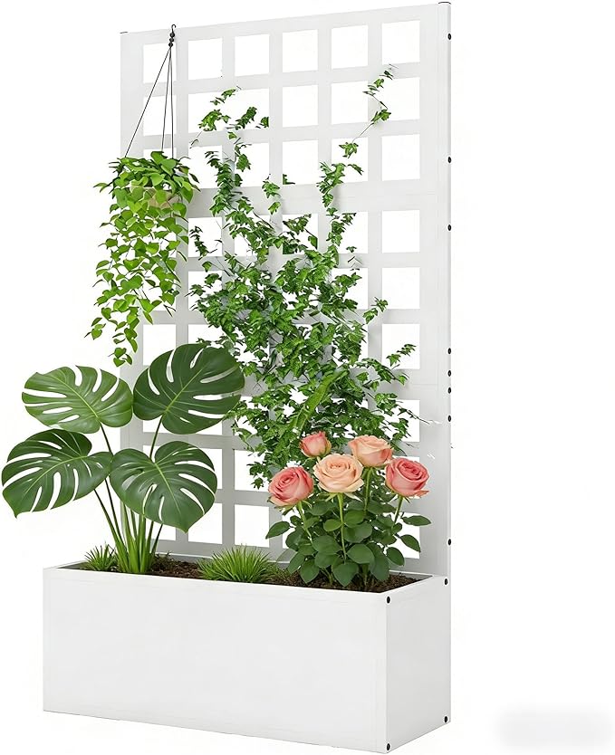 Galvanized Steel Raised Garden Bed with Trellis - Heavy-Duty Metal Planter Box for Vegetables &amp Climbing Plants Weather-Resistant Outdoor Vertical Garden Kit (White)