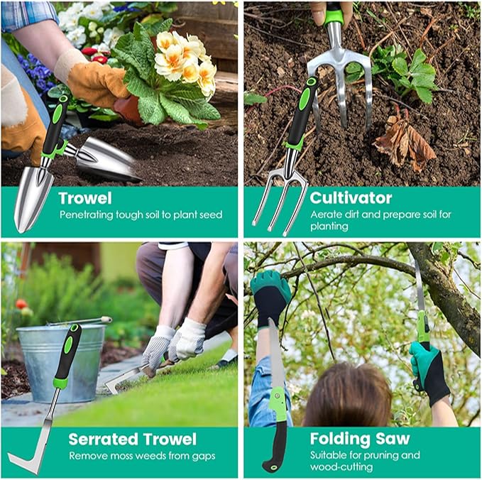 KOCASO Gardening Tools Set 13 Pcs Heavy Duty Gardening Hand Tools Starter Kit with Garden Bag Aluminum Alloy Garden Handle Tools for Plant Gardening for Plant Gardening Garden Gifts for Women Men