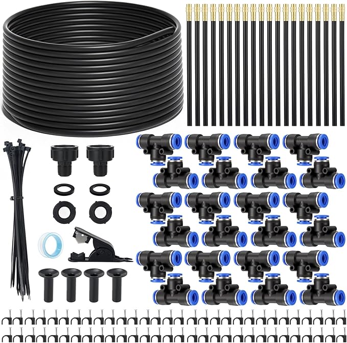 80FT Drip Irrigation Kit 8mm Hose with 20 Brass 360° Adjustable Nozzles Quick Connectors Automatic Garden Watering System– Complete Garden Irrigation System for Lawn Greenhouse Patio Yard