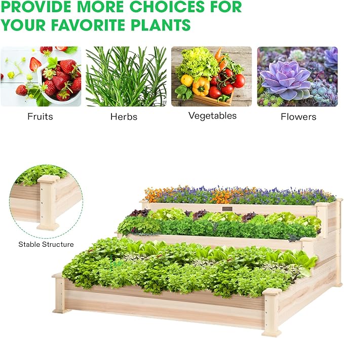 VIVOSUN 3-Tier Wooden Raised Garden Bed 48 x 48 x 21 Inches Outdoor Wood Planter Kit for Plants Herbs and Vegetables for Garden Patio Balcony Backyard and Outdoors