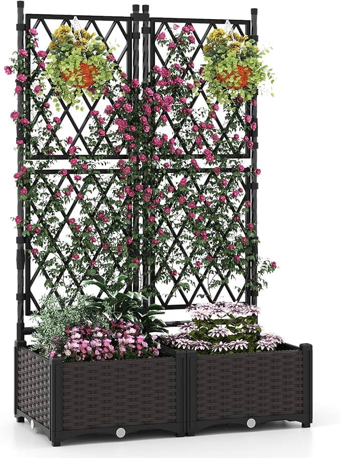 Giantex Raised Garden Bed with Lattice Trellis Self-Watering Planter Box with Drain Hole for Vine Vegetable Herb Flower Fruit Indoor Outdoor Standing Privacy Fence for Yard Porch Balcony