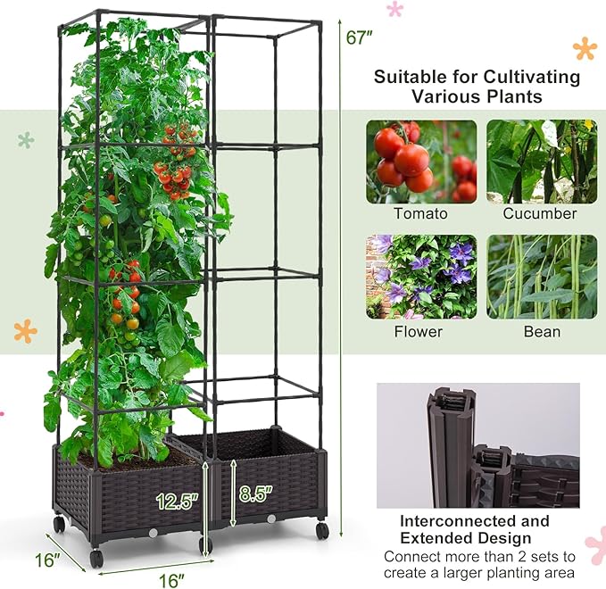 Giantex Set of 2 Raised Garden Bed with Tomato Cages 67” Adjustable Height Self Watering Planter Garden Box with Wheels Trellis for Climbing Plants Vegetable Flower