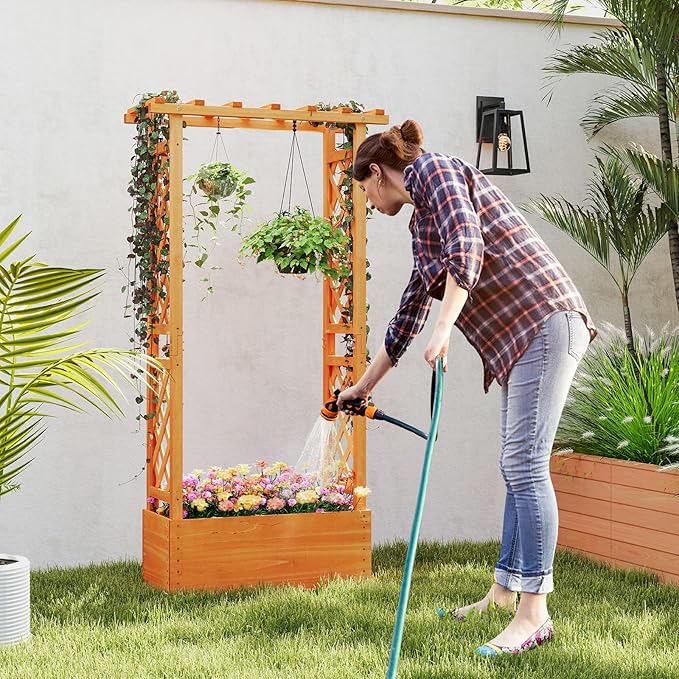 Wooden Flower Rack Raised Garden Bed &amp Double-Sided Grid Fir Tree Planting Box with Drainage Holes &amp Bottom Gap for Flowers Suitable for Decoration Garden (with Base Panel 1)