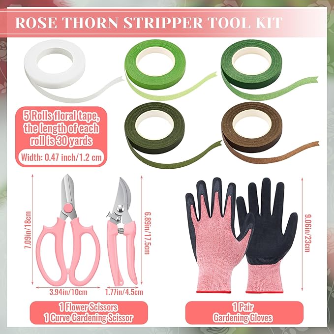 9 Pcs Rose Thorn Remover Set Include 1 Flower Thorn Stripper Tool 5 Floral Tape 1 Flower Scissor 1 Curve Gardening Scissors 1 Pair Gardening Gloves for Valentine Women Mother Gift (Pink)
