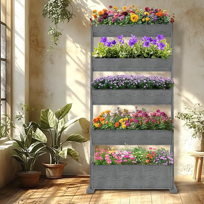 SUNYRISY 5 Tiers Vertical Raised Garden Bed Outdoor Planter Tower Wooden Freestanding Planter Box for Planting Herbs Flowers Vegetables Backyard Patio Balcony Indoor Outdoor Gardening Grey