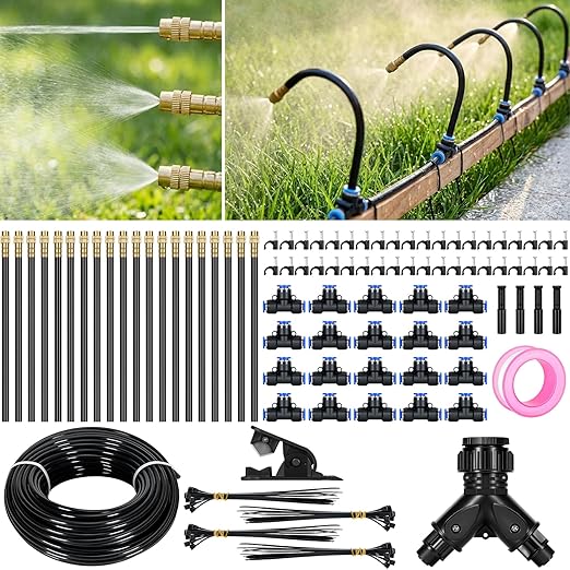 100Ft 360° Adjustable Drip Irrigation System Kit 1/4 Inch PE Tubing with 20 Bendable Nozzles Automatic Garden Watering System for Greenhouse Lawn Raised Bed Flower Bed