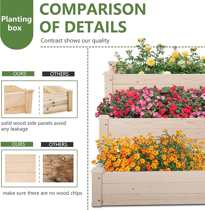 FDW 3 Tier Raised Garden Bed Outdoor Wooden Planter Box 48x48x29 ft Wood Elevated Planter Box with Divided Sections Open-Ended Base for Vegetables Flowers Herbs Plants