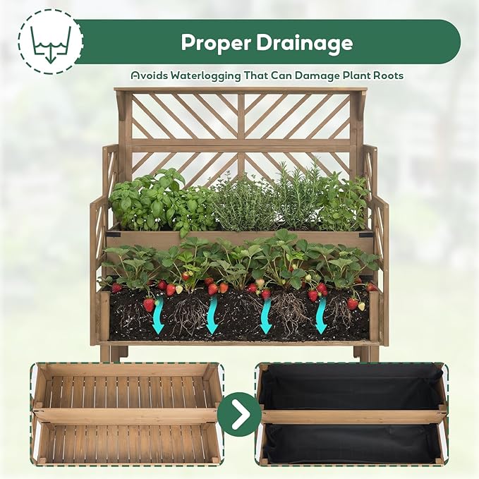 PetsCosset Raised Garden Bed with Trellis 2-Tier Elevated Planter Box with Legs &amp Top Shelf Liner Metal Corners Wooden Garden Beds for for Climbing Plants Flower Vegetables Herbs