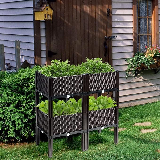 GRAFFY Set of 4 Raised Garden Bed Kits Elevated Garden Beds with Self-Watering Design Raised Garden Boxes for Flowers Vegetables and Herbs Planting Box Container for Patio Yard Balcony (Brown)