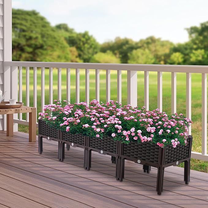 4 Pcs Raised Garden Bed with Legs Outdoor Elevated Planted Box with Drain Holes Plastic Raised Planter Box Set for Gardens Patios Decks Balconies Brown