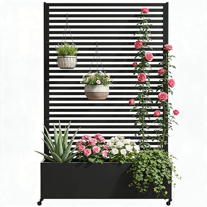 Metal Planter Box with Trellis Privacy Screen Raised Garden Bed with Trellis &amp Wheels Privacy Planters for Patio Planter Box with Drainage Holes for Climbing Plants 73x 47x 16 Black