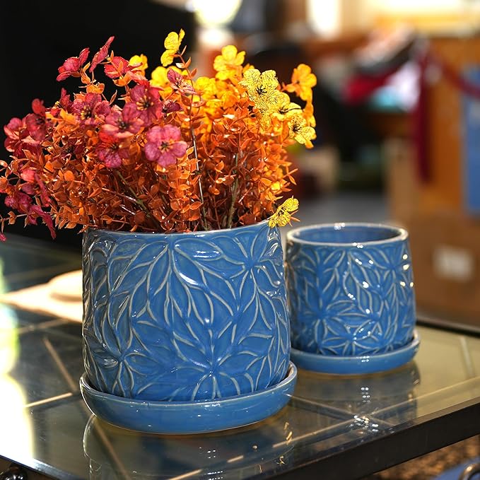 Handmade Ceramic Planter Set of 2 6 8 Diameter Deep Blue with Leaf Pattern for Succulents Herbs IndoorOutdoor Shelf Table Use Breathable Clay with Saucers