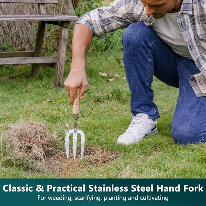 Berry&ampBird Gardening Hand Tool Set - 3PCS Stainless Steel Garden Tool Kit Multifunctional Tool with Wooden Handle Trowel Fork &amp Weeder for Weeding Planting Transplant Ideal Garden Gift for W