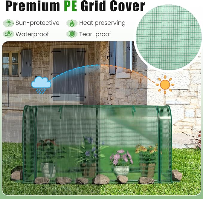 Giantex Raised Garden Bed with Cover Wood Elevated Planter Box with Legs &amp Mini Greenhouse Waterproof Sun-Protective PE Green House Cover Outdoor Use for Fruit Vegetable Flower Herb (Green+Natu