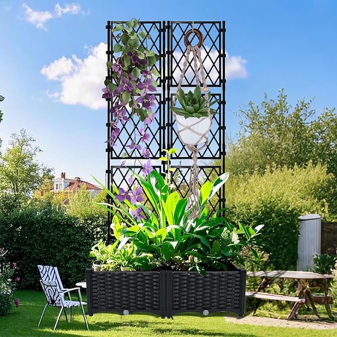 Planter with Trellis - Raised Garden Bed with Trellis 75.5x31.5x16 Privacy Screen Planter Box with Drainage Hole Outdoor Raised Garden Bed for Climbing Plants