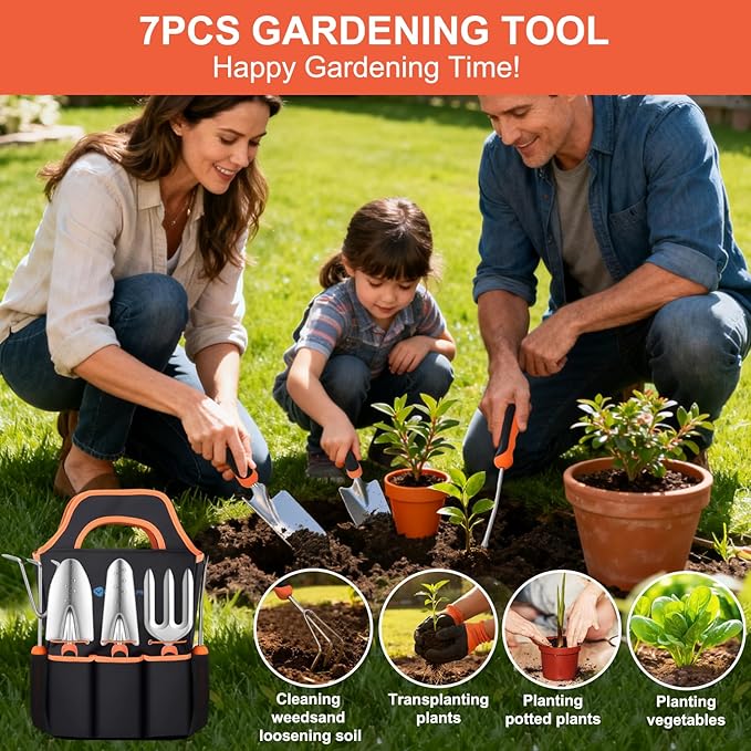Yesker Gardening Tools 7-Piece Heavy Duty Garden Tool Set Gardening Supplies Gifts for Women Men Gardening Hand Tool Kit with Non-Slip Ergonomic Handle Garden Bag Pruning Shears Black Orange