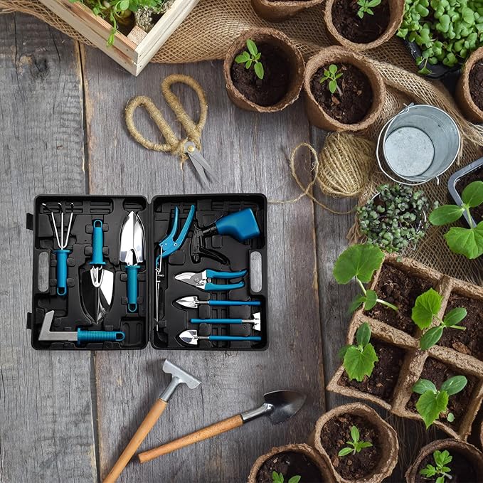 HARFINGTON 1 Set Garden Tool Set 10 Pieces Plastic Gardening Planting Tools Kits with Shovels Rake Scissor Trimmer Water Sprayer and Store Case Blue