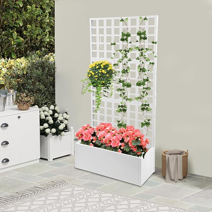 Metal Planter Box with Trellis Raised Garden Bed with Trellis 71x 35x 16 Multifunctional Privacy Screen Planter Box for Climbing Plants Vegetables Vines Indoor/Outdoor (White)
