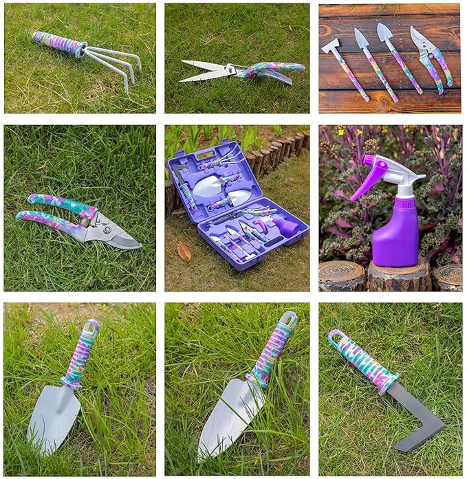 Garden Tool Set 11 Pcs Gardening Tools Purple Floral Print. Best Gift for Women: Handle Trowel Rake Pruning Shear Sprayer Shovel and Gloves That Includes a Pruning Shears Carrying Case