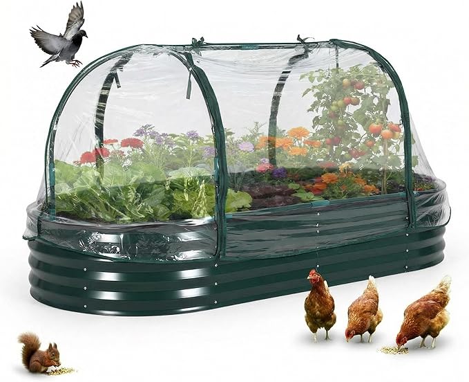 IDEALHOUSE Raised Garden Bed Large Oval Kit with Cover Zippered Screen DoorsOutdoor Galvanized Steel Planter Raised Box with Greenhousefor Indoor Outdoor GardeningFlowersVegetables(6x3x1ftGreen)