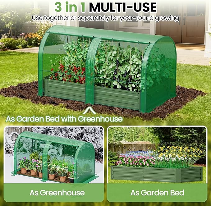 SPECILITE Raised Garden Bed with Mini Greenhouse Galvanized Metal Planter Box Kit with PE Cover 2 Roll-Up Doors for Ventilation Gardening Set for Outdoor Growing Vegetables Herbs Fruit &amp Flow