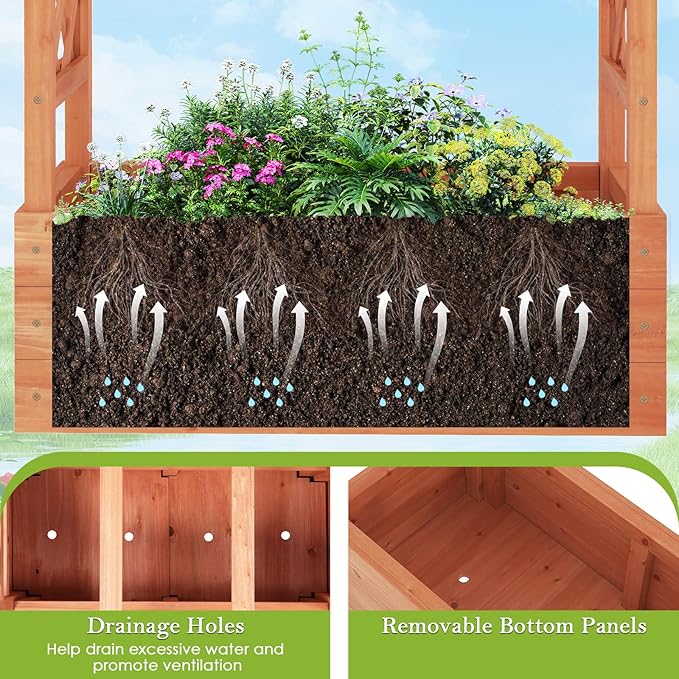 HOMGX Raised Garden Bed with Trellis Vertical Garden Planter w/Drainage Holes for Climbing Vines Roses Tomatoes Tiered Flower Stand for Flowers Herbs Climbing Vines