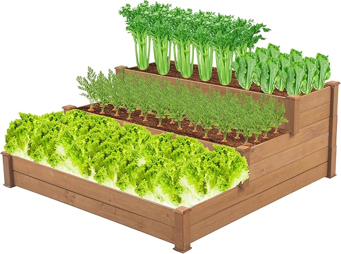 3 Tier Wooden Raised Garden BedTiered Outdoor Elevated Flower BoxHorticulture Open-Bottom Planter Raised Garden BedVegetables Growing Planter for Backyard Patio Gardener Brown