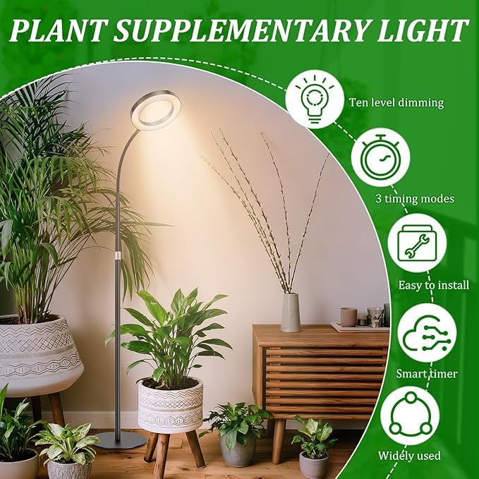 Grow Light for Indoor Planting Full Spectrum 1.70m Planting Light with 360° Neck 3 Mode and 10 Dimmable Level 3/9/12H Timer 72 LED Height Adjustable Grow Lamp for Windowsill Bookshelf Corner