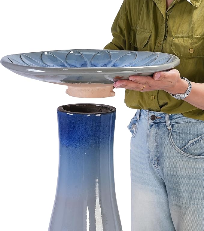 17'' Ceramic Bird Bath for Outside Elegant Tall Outdoor Bird Bath Lightweight Pedestal Glazed Birdbaths for Outdoors with Floral Pattern Blue Ombre