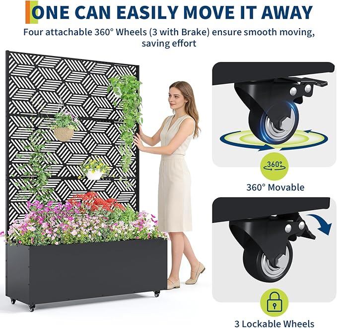 Large Metal Raised Garden Bed Planter Box with Trellis – Deep 15.7 Movable Outdoor Flower Box Privacy Screen Drainage Holes – 118x40x180cm Mosaic Design with Wheels