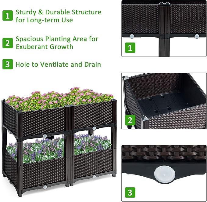 HAPPYGRILL Raised Garden Beds Set of 4 Elevated Planter Boxes with Drain Holes &amp Removable Legs Outdoor Raised Flower Bed for Patio Yard Balcony