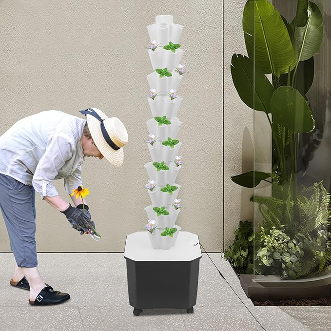 50 Sites 10-Tier Hydroponic Growing Tower 12 Gallon Water Tank with Auto Timer Vertical Indoor Garden System for Vegetables Strawberries &amp Herbs Mobile on Wheels
